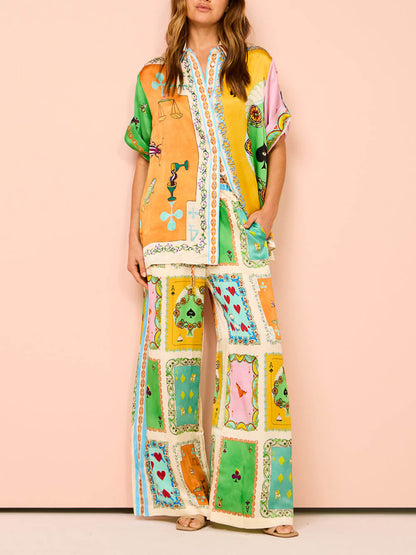 Conjunto de pantalones de pierna ancha con bolsillos y cintura elástica con estampado único de verano divertido