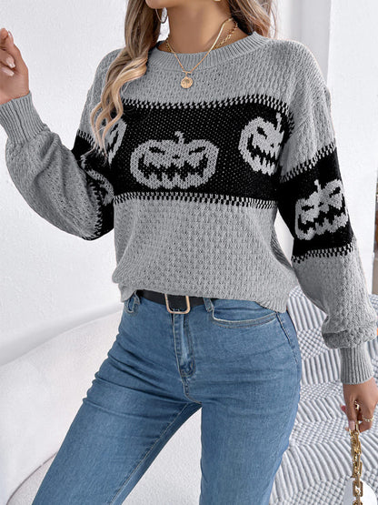 Suéter de punto con cuello redondo y bloques de color con cabeza de calabaza de Halloween