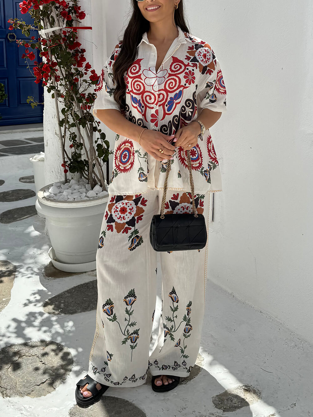 Conjunto de pantalones de pierna ancha con bolsillo y cintura elástica con estampado floral étnico único y exquisito