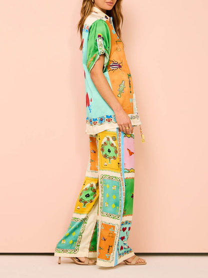 Conjunto de pantalones de pierna ancha con bolsillos y cintura elástica con estampado único de verano divertido