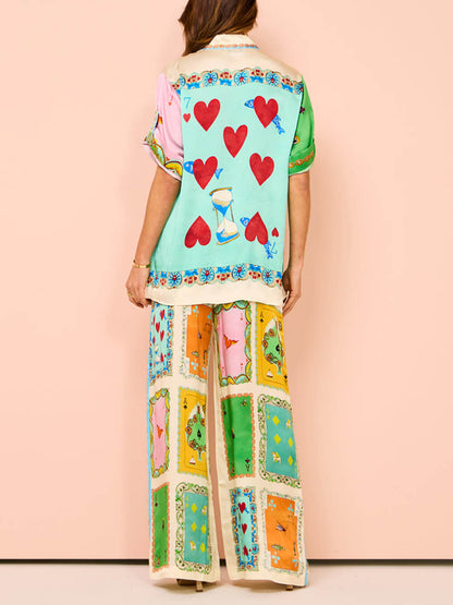 Conjunto de pantalones de pierna ancha con bolsillos y cintura elástica con estampado único de verano divertido