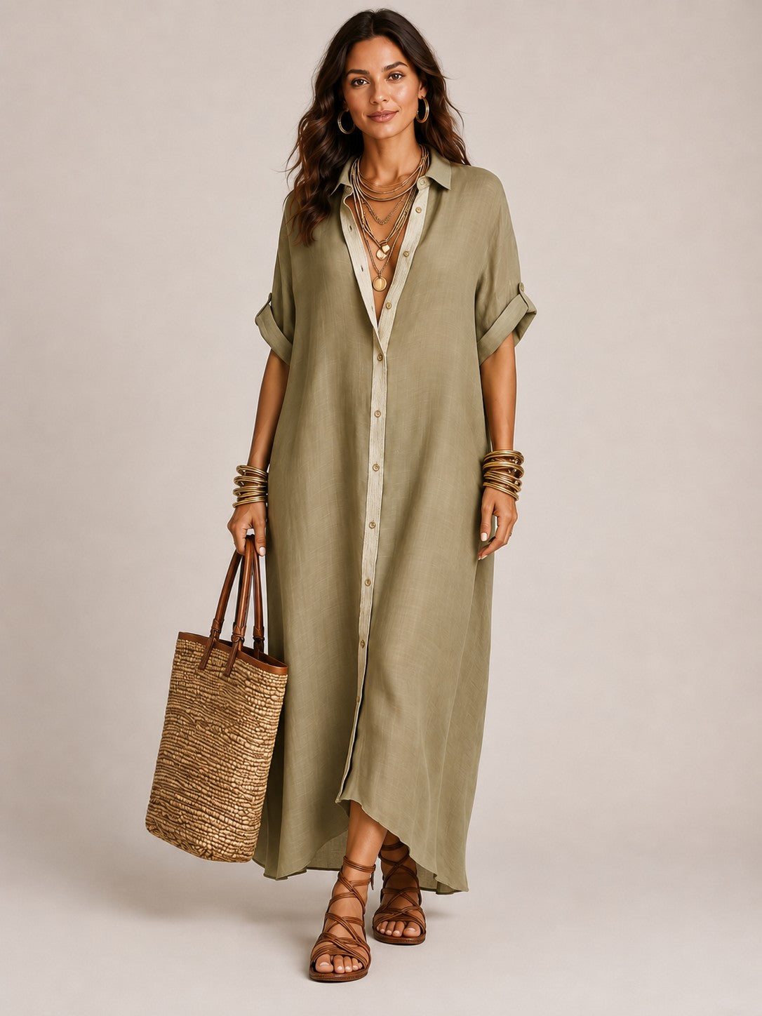 Vestido largo camisero de manga corta con mezcla de lino