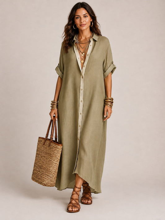 Vestido largo camisero de manga corta con mezcla de lino