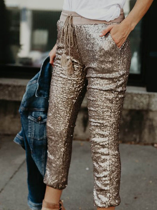 Pantalones con cintura elástica y lentejuelas