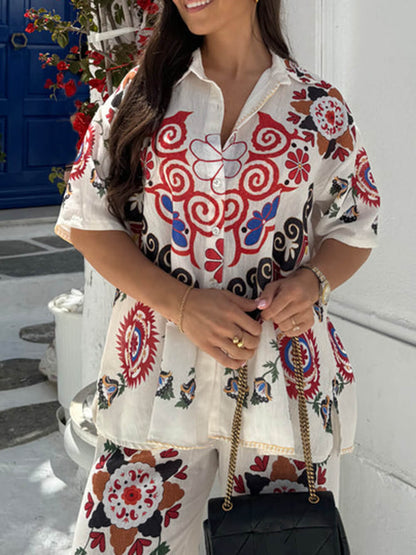 Conjunto de pantalones de pierna ancha con bolsillo y cintura elástica con estampado floral étnico único y exquisito