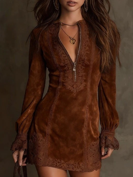 Vestido corto vintage azul con encaje de gamuza