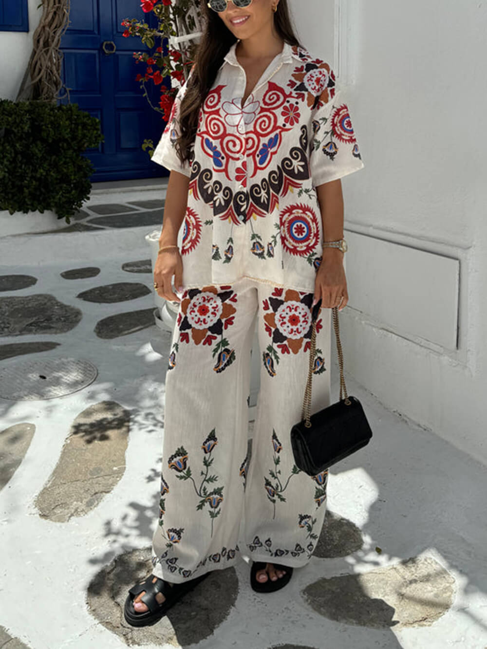 Conjunto de pantalones de pierna ancha con bolsillo y cintura elástica con estampado floral étnico único y exquisito