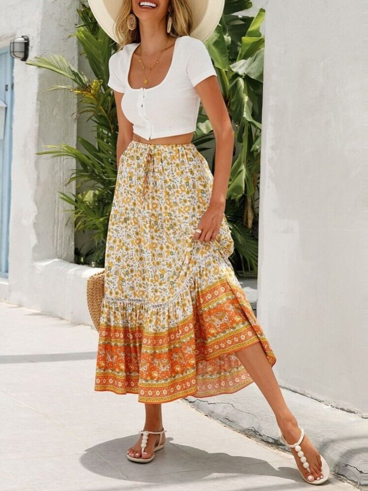 Falda escalonada con estampado floral bohemio Magnolia