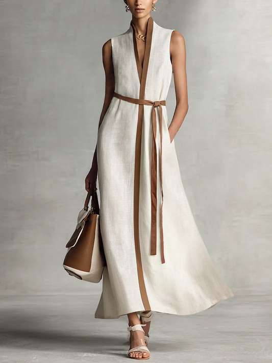 Vestido maxi sin mangas con escote en V y cinturón de algodón y lino