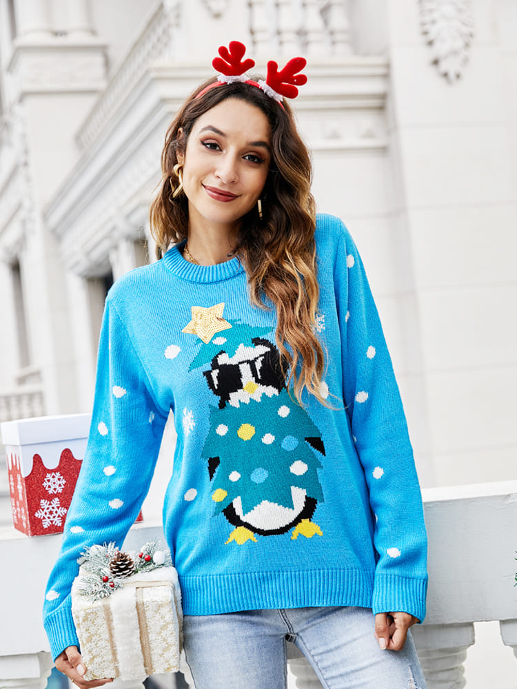 Suéter de punto con bordado de pingüino informal y cuello redondo