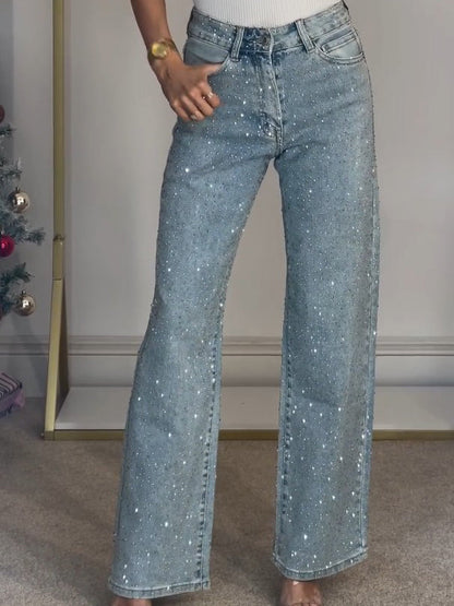 Jeans de pierna recta de talle alto con diamanté