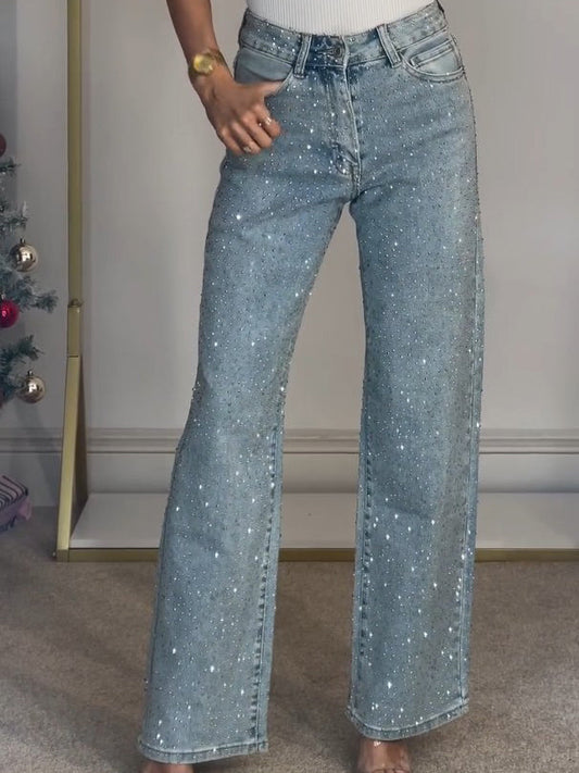 Jeans de pierna recta de talle alto con diamanté