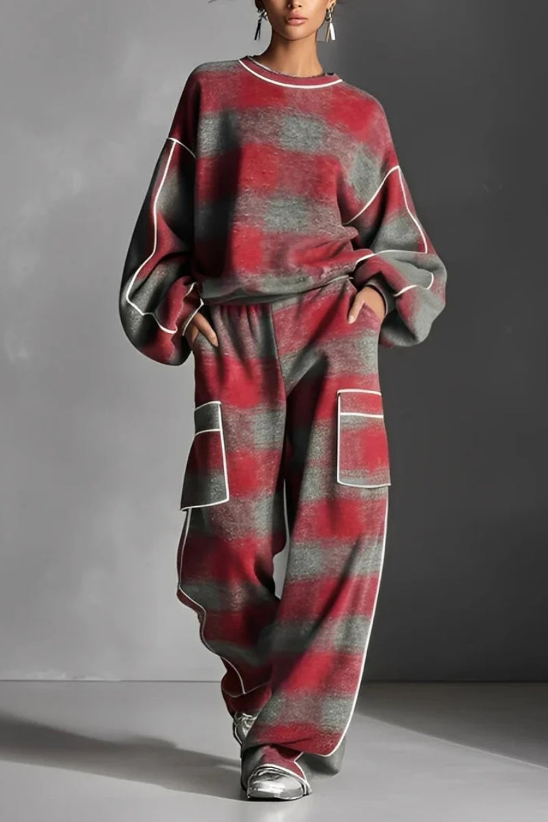 Conjunto de chándal a cuadros rojo y gris con contraste