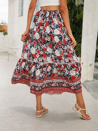 Falda escalonada floral roja romántica