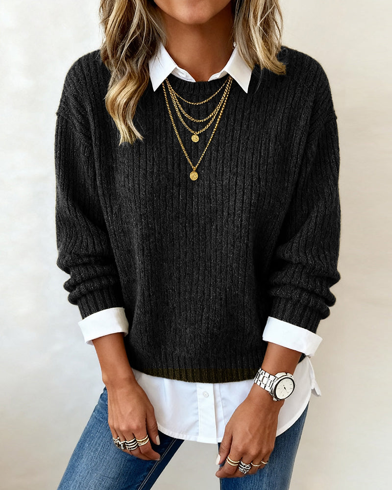 Suéter suave con cuello tipo camisa y diseño patchwork moderno