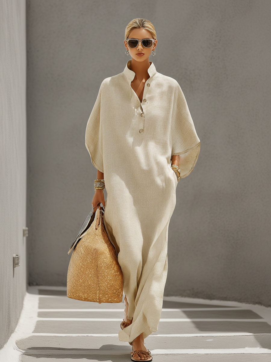 Vestido largo de lino con cuello mandarín