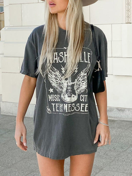 T-Shirt mit Buchstaben- und Gitarren-Slogan-Print