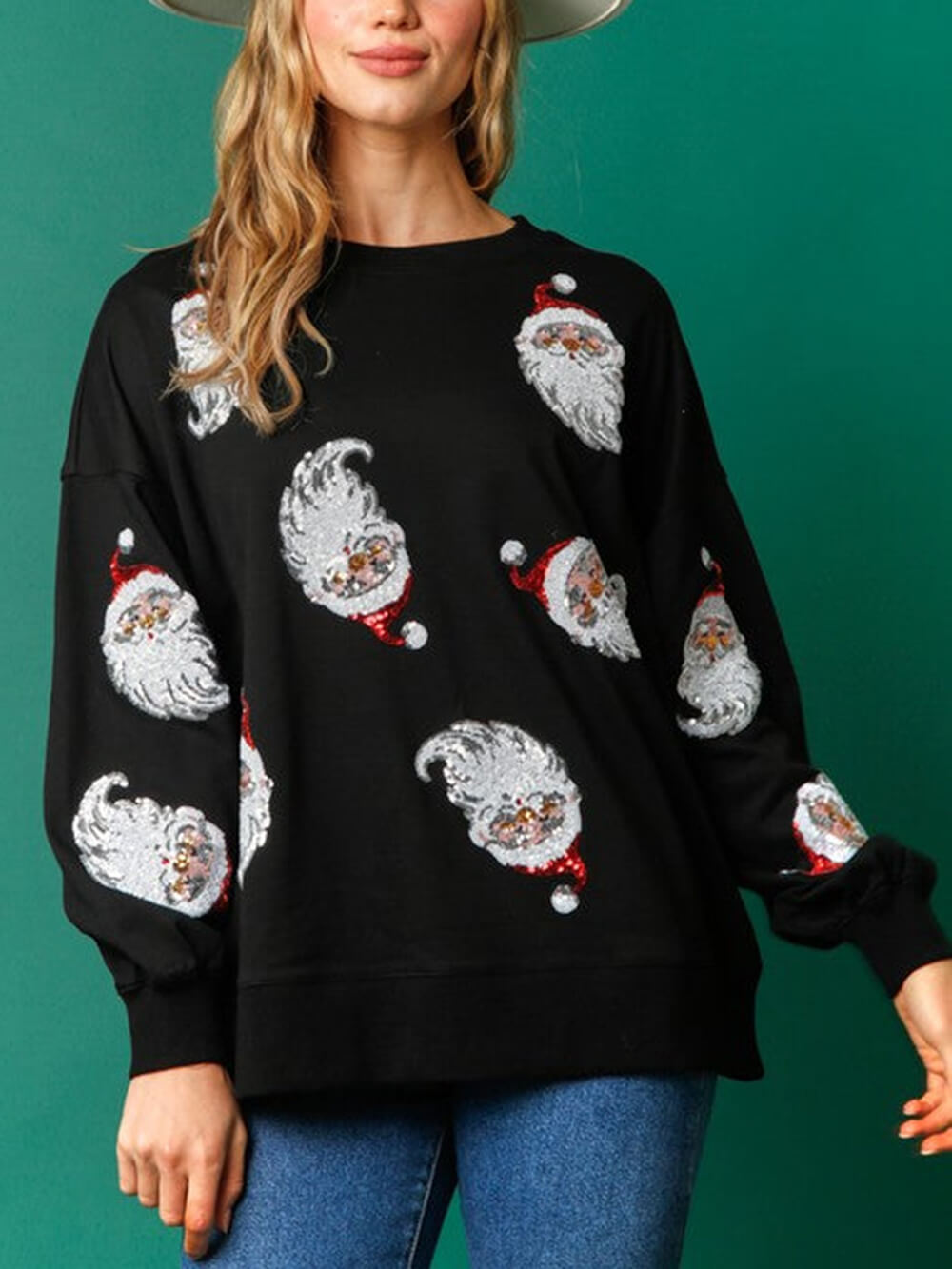 Sudadera de felpa francesa con diseño de Papá Noel y lentejuelas