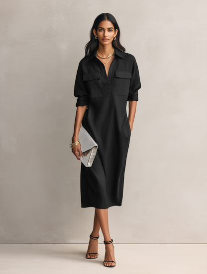 Vestido midi de algodón y lino con cuello de camisa