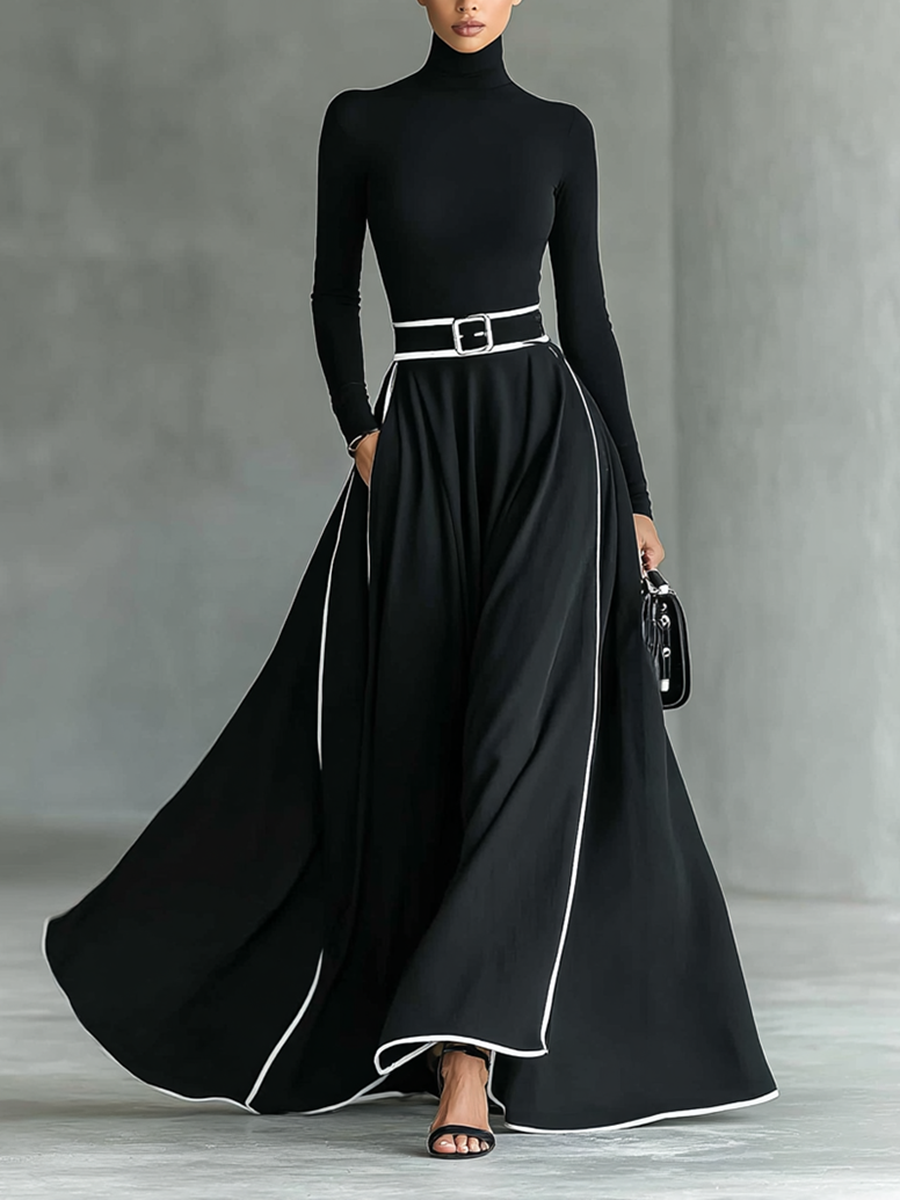 Vestido largo ajustado para mujer con cuello alto, mangas largas, costuras negras y ribete blanco con cinturón