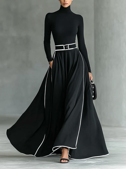 Vestido largo ajustado para mujer con cuello alto, mangas largas, costuras negras y ribete blanco con cinturón