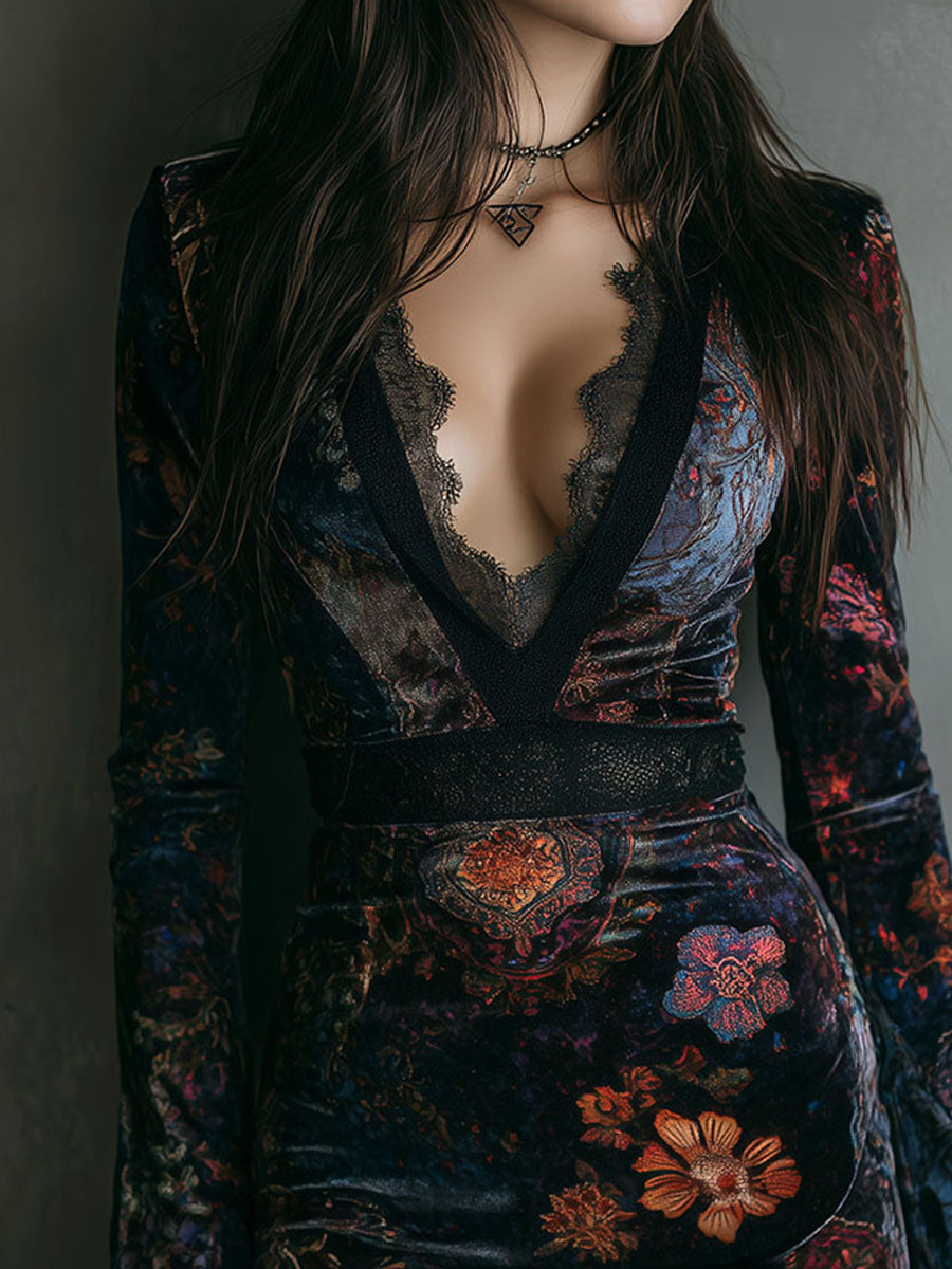 Vestido mini bodycon de terciopelo con escote en V y estampado floral bohemio con ribete de encaje