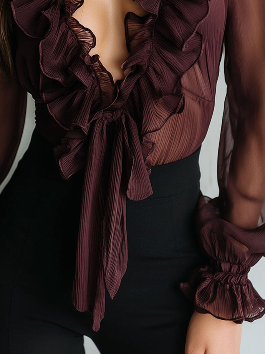 Blusa Retro con Volantes y Lazo Frontal