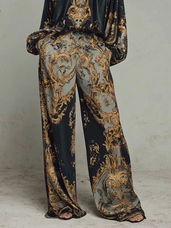Conjunto holgado con escote en V profundo y estampado barroco retro