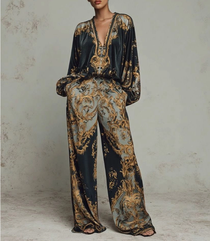 Conjunto holgado con escote en V profundo y estampado barroco retro