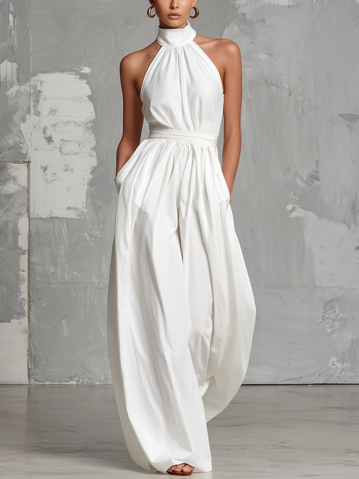 Elegante mono blanco tejido sin mangas con cuello halter