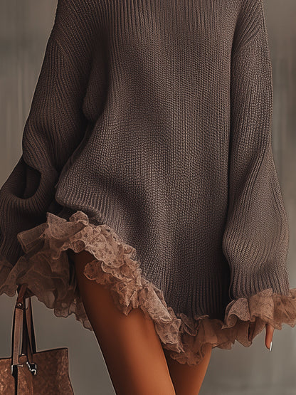 Vestido suéter marrón con cuello alto y dobladillo con volantes