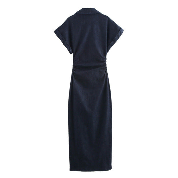 Vestido largo de pana con botones - Azul marino