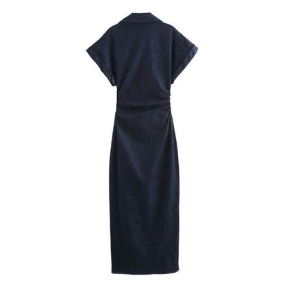 Vestido largo de pana con botones - Azul marino