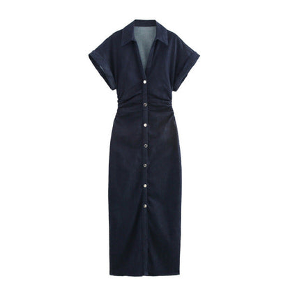 Vestido largo de pana con botones - Azul marino