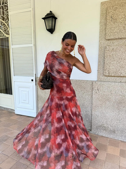 Vestido Largo Hombro Descubierto con Estampado Acuarela