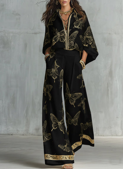 Conjunto suelto de dos piezas casual elegante con estampado de mariposas doradas