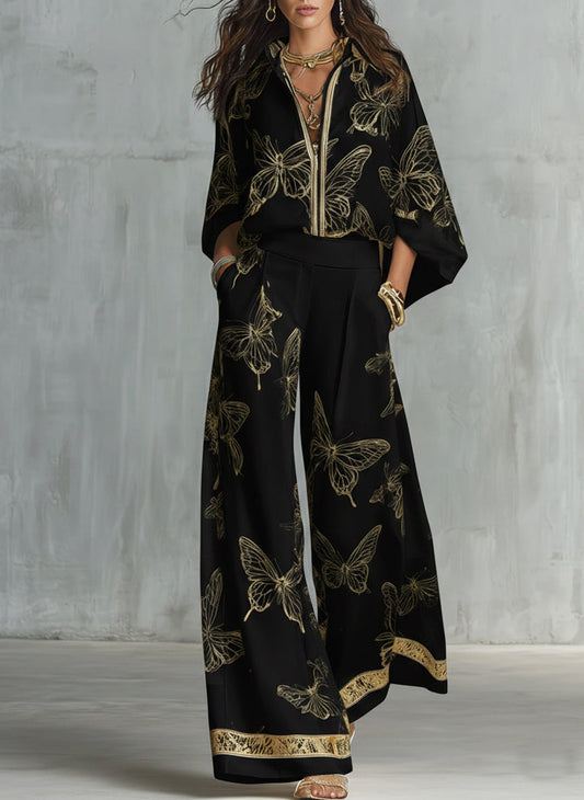 Conjunto suelto de dos piezas casual elegante con estampado de mariposas doradas