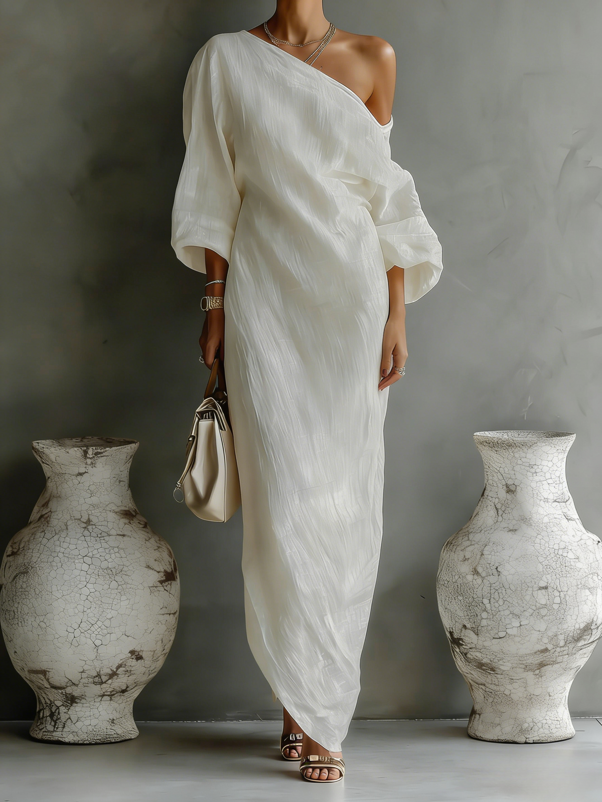 Vestido maxi blanco marfil de un solo hombro con abertura lateral de algodón y lino