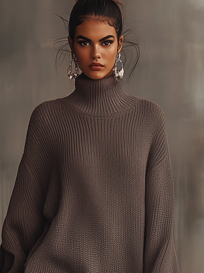 Vestido suéter marrón con cuello alto y dobladillo con volantes