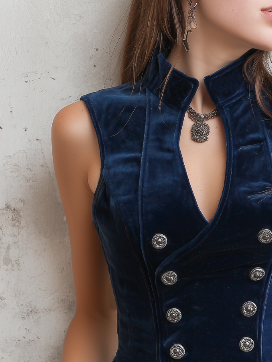 Chaleco de terciopelo vintage con cuello de pie y botones