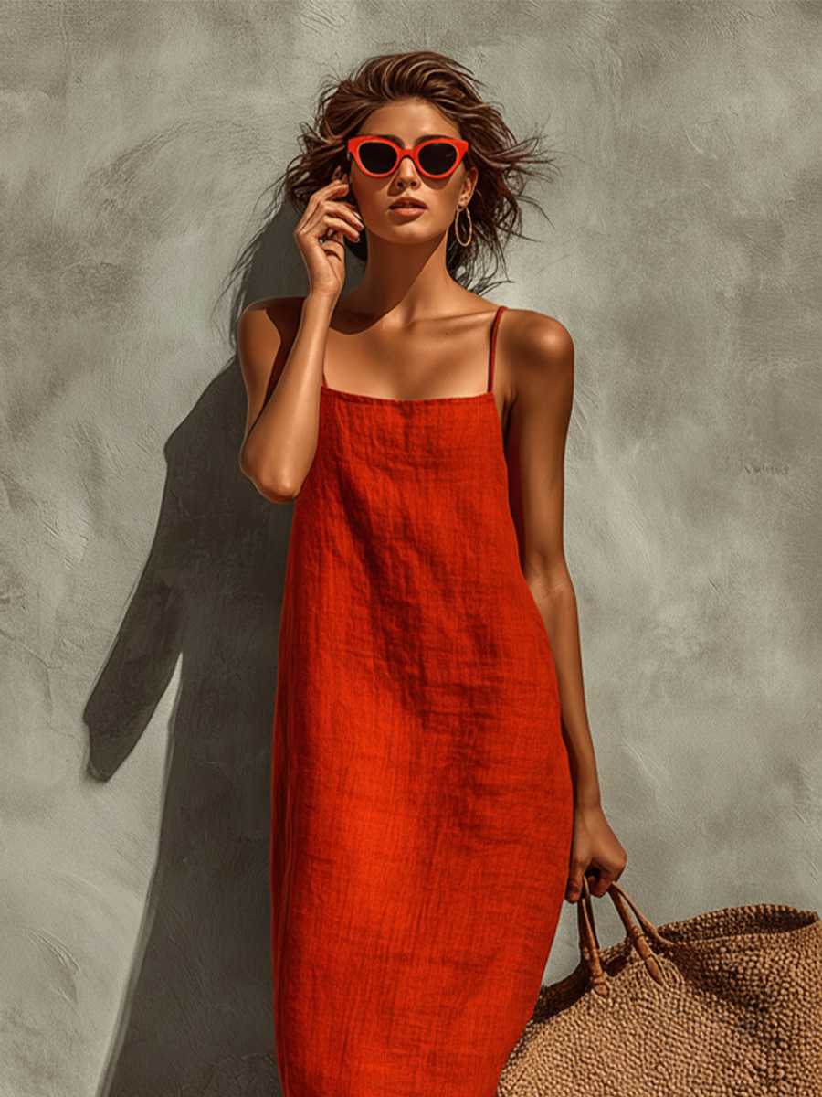 Vestido rojo de algodón con escote cuadrado y tirantes finos