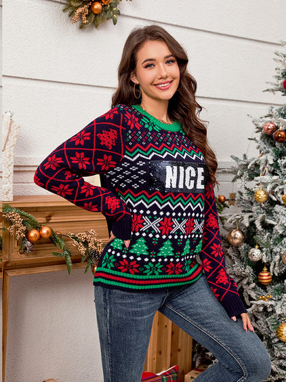 Suéter de punto jacquard navideño con bordado de lentejuelas