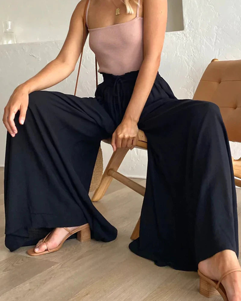 Pantalón elegante liso de pierna ancha y cintura alta