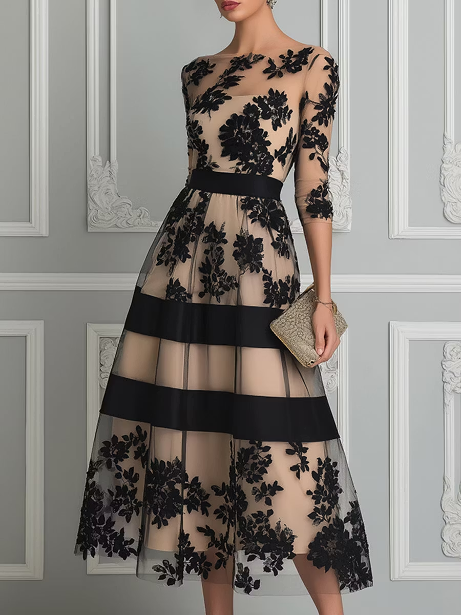 Vestido midi de línea A, floral y transparente