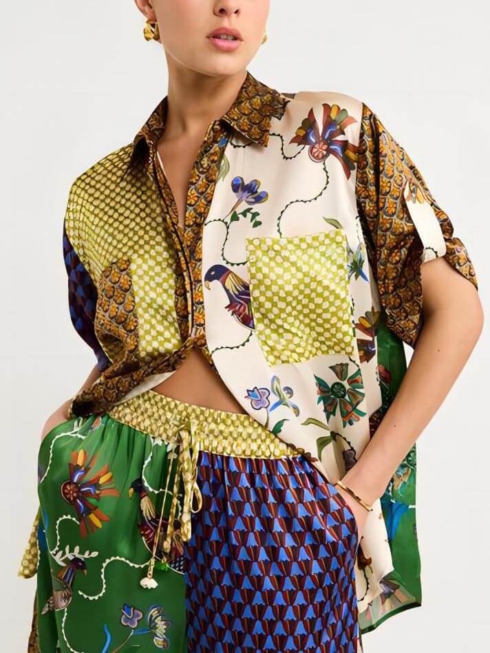 Conjunto de pantalones de pierna ancha sueltos con estampado folk especial