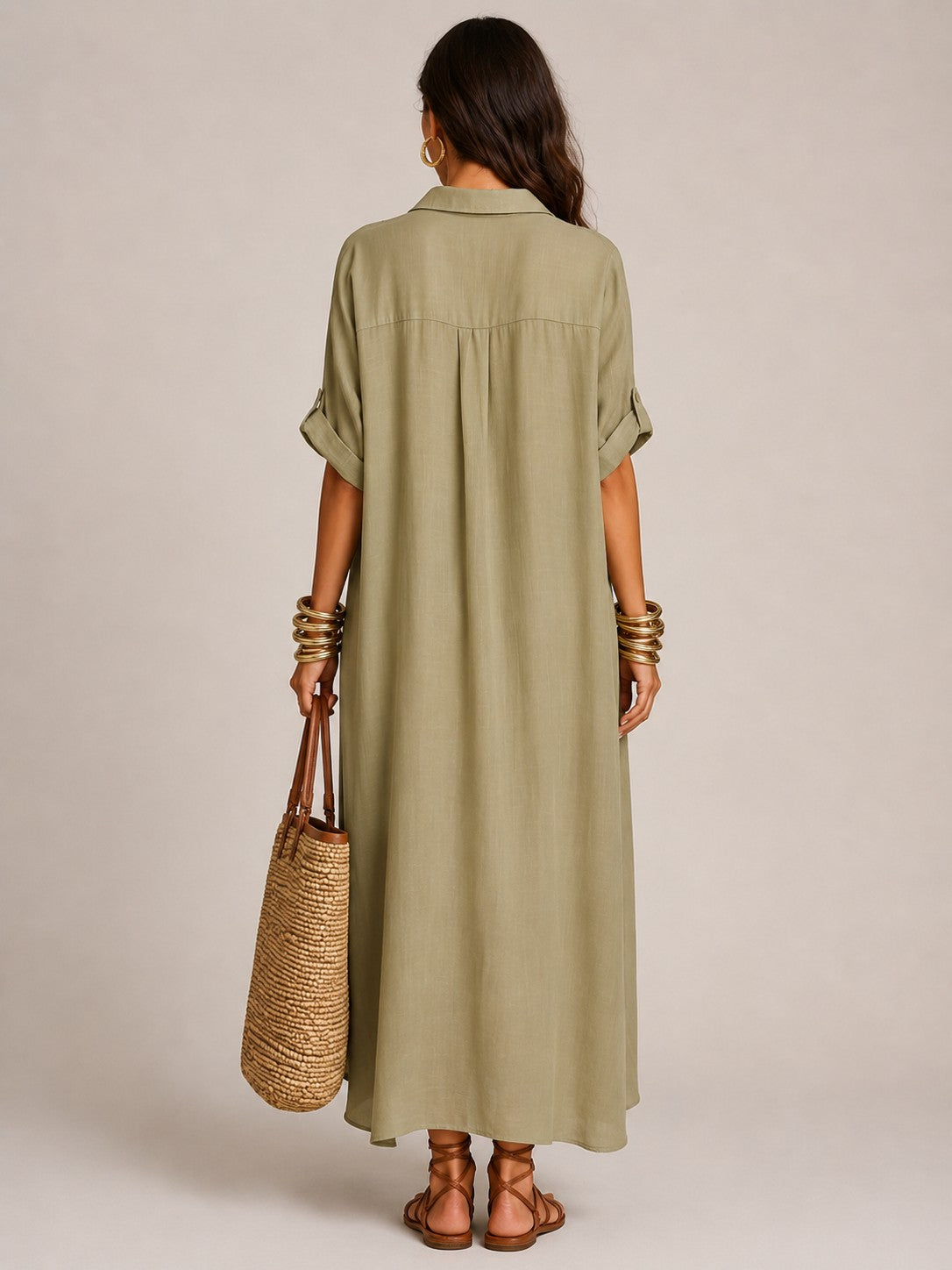 Vestido largo camisero de manga corta con mezcla de lino