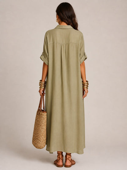 Vestido largo camisero de manga corta con mezcla de lino
