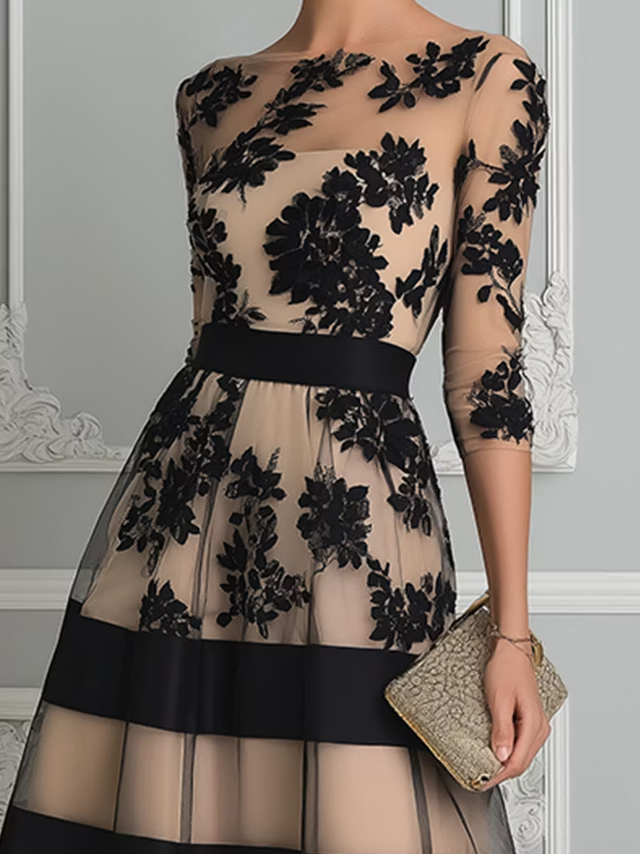 Vestido midi de línea A, floral y transparente