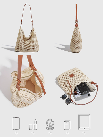 Bolsa de playa tejida hueca para mujer, bolso de hombro