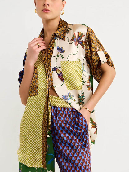 Conjunto de pantalones de pierna ancha sueltos con estampado folk especial